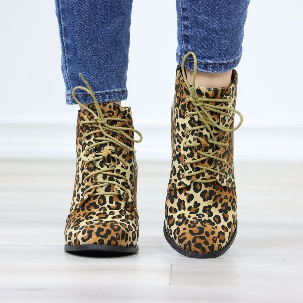 Leopard Lace-Up Block Cone High Heeled Ankle Boots Synthetic Suede Rounded Toe - Picture 8 of 10